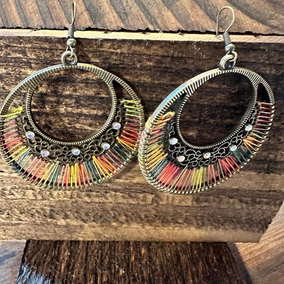 Boho Hippie Cowgirl Threaded Loop Wire Drop Earrings, Multicolor, Gift Box - Picture 3 of 7